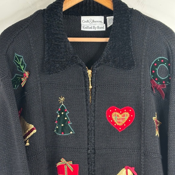 VTG 90s Croft & Barrow Embroidered Christmas Cardigan L Hand Knit Bead Bell Ugly - Picture 3 of 10